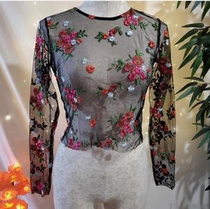 Kimchi Blue Urban Outfitters Floral Mesh Top Women's M Embroidered Sheer Black